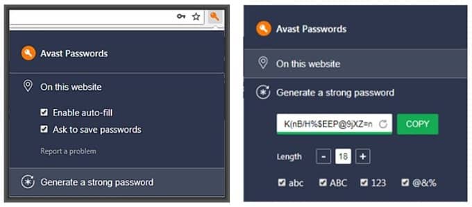 Avast passwords screens