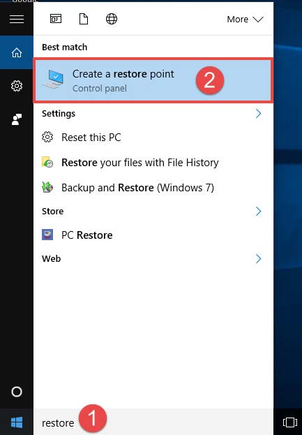 Create a restore point را در قسمت جستجوی ویندوز وارد کنید و روی نتیجه کلیک کنید.