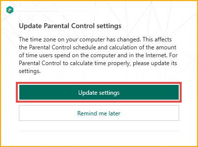 در کادر Update Parental Control settings بر روی Update settings کلیک کنید.