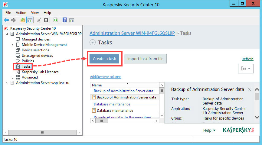 Kaspersky Security Center 10 را باز کنید.
به بخش Tasks بروید و روی Create a task کلیک کنید.
