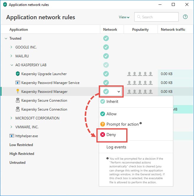 برنامه ای که میخواهید دسترسی آن به اینترنت را قطع کنید انتخاب کرده و در ستون Network از طریق منوی کشویی Deny را انتخاب کنید.