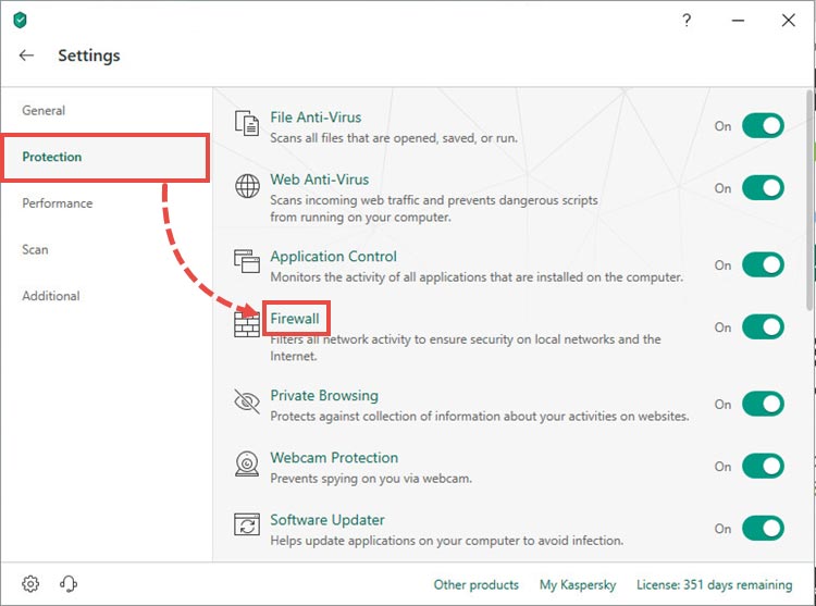 به بخش Protection بروید و روی Firewall کلیک کنید.

