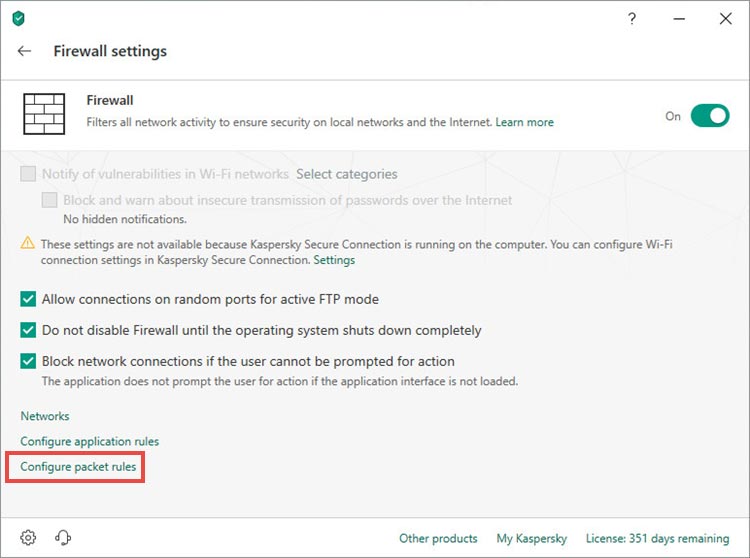 روی گزینه Configure packet rules کلیک کنید.

