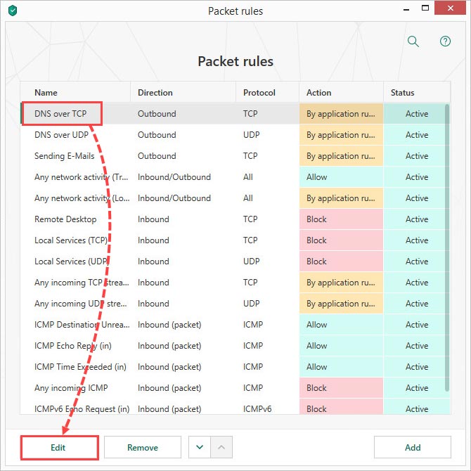 قانون پکت را انتخاب کنید و در گوشه پایین سمت چپ Edit را انتخاب کنید.