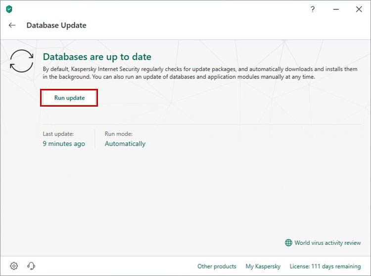 در پنجره اصلی برنامه، روی Database Update → Run update کلیک کنید.