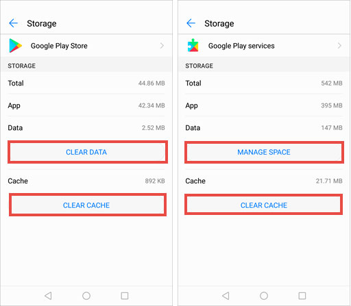 حافظه cache و داده ها برای سرویس های Google Play Store و Google Play services پاک کنید.