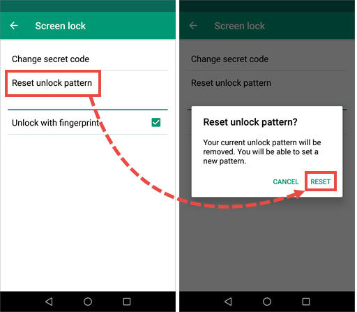 رمز عبور را وارد کنید.
مسیر Reset unlock pattern → Reset را دنبال کنید.
