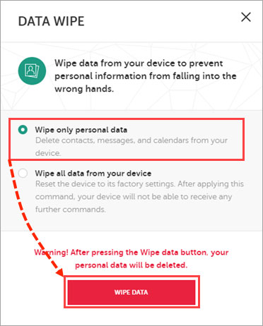 kaspersky android security wipe data