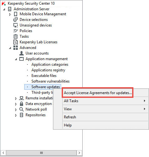 در کنسول مدیریت، روی Software updates راست کلیک کنید و Accept License Agreements for updates را انتخاب کنید.