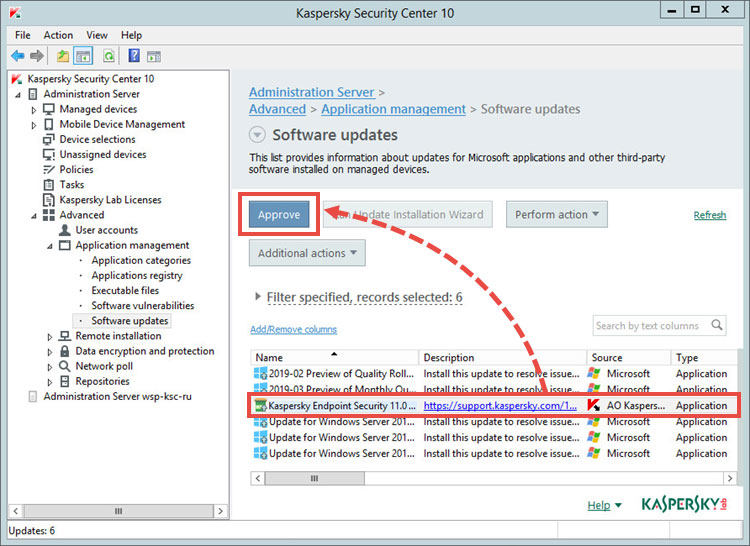 Kaspersky Endpoint Security 11.x for Windows patch را انتخاب کنید و روی Approve کلیک کنید.