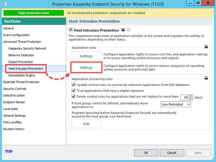 مسیر Advanced Threats Protection → Host Intrusion Prevention → Settings را دنبال کنید.