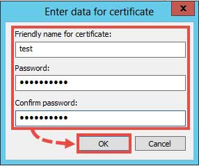 نام و رمز عبور گواهی را وارد کنید سپس روی OK کلیک کنید.