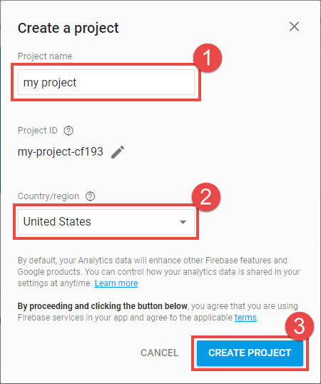 نام پروژه را وارد کنید و کشور را انتخاب کنید سپس روی Create project کلیک کنید.
