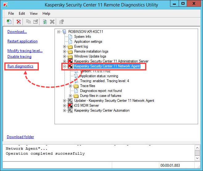 گزینه Kaspersky Security Center 11 Network Agent را انتخاب کنید و روی گزینه Run diagnostics کلیک کنید.