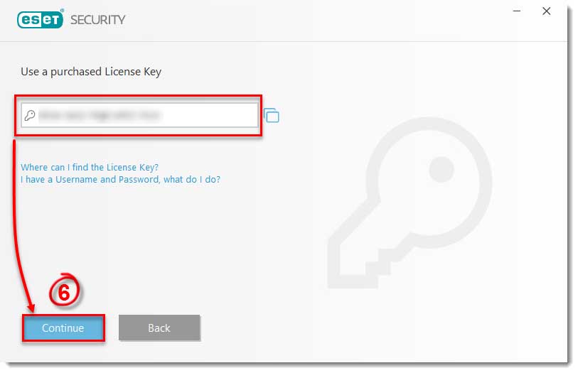 در بخش Use a purchased License Key کد فعال سازی خود را به درستی وارد کنید و روی Continue کلیک کنید.