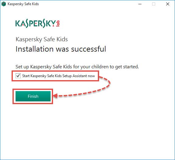 تیک چک باکس گزینه Start Kaspersky Safe Kids Setup Assistant now را بزنید و روی Finish کلیک کنید.
