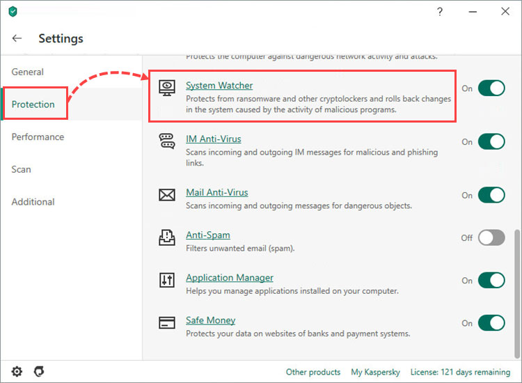 به بخش Protection بروید و روی System Watcher کلیک کنید.

