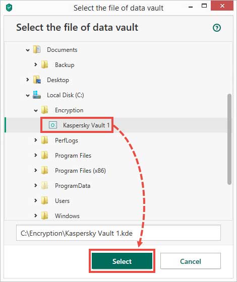 مسیر والت داده را مشخص کنید و بر روی Select کلیک کنید. والت داده های شما در پنجره Data Encryption نمایش داده می شوند.