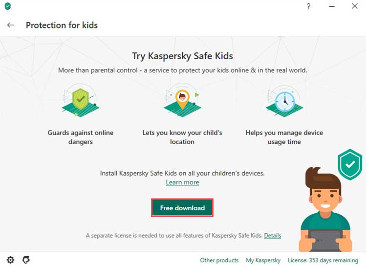 روی Free download کلیک کنید. نصب Kaspersky Safe Kids به صورت خودکار آغاز می شود اگر نصب به صورت خودکار شروع نشد روی Install کلیک کنید.