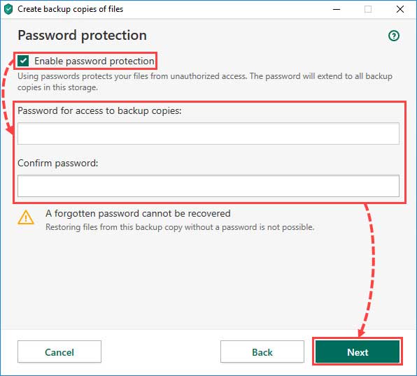 تیک چک باکس گزینه Enable password protection را بزنید و برای محافظت از پرونده های موجود در بکاپ، یک رمزعبور تنظیم کنید.  روی Next کلیک کنید. 
