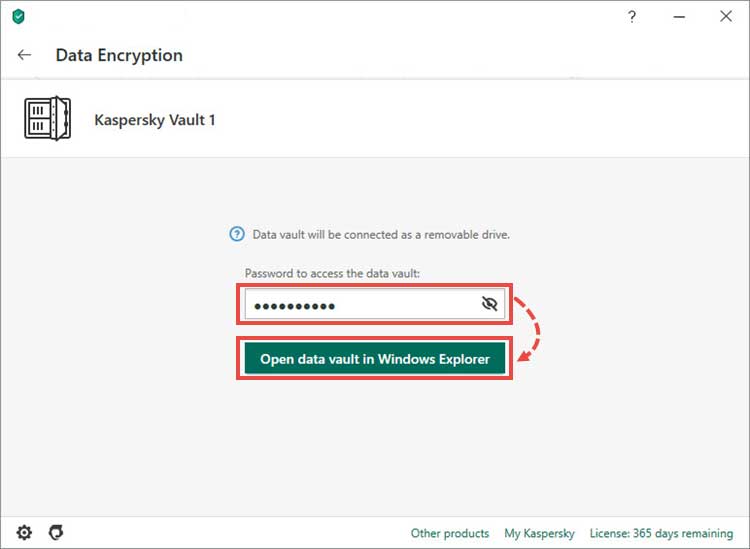 رمز عبور را وارد کنید و روی Open data vault in Windows explorer کلیک کنید.