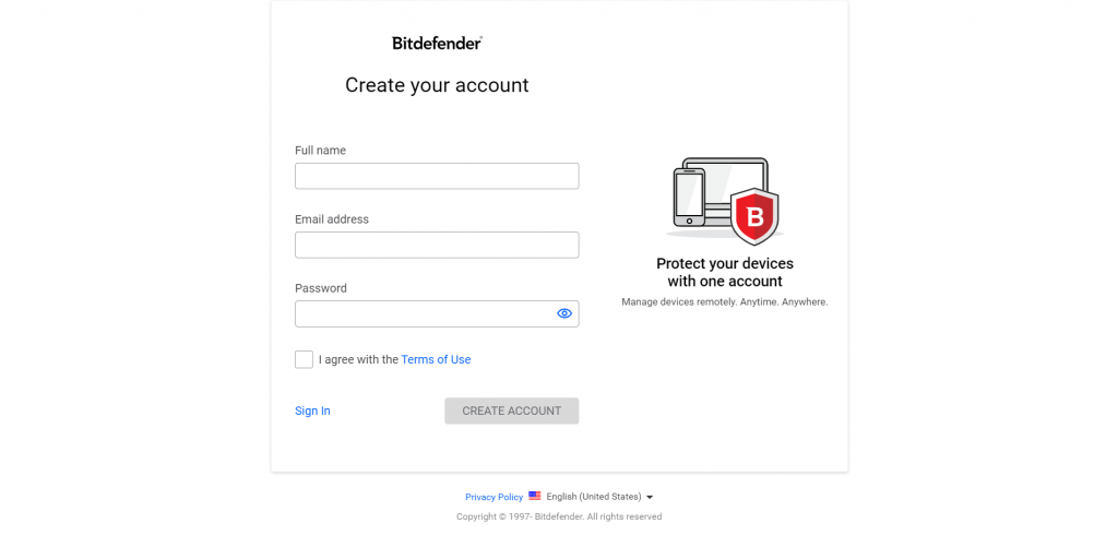 screenshot login.bitdefender.com