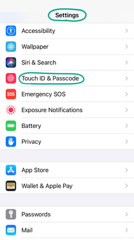 روی Touch ID & Passcode کلیک کنید